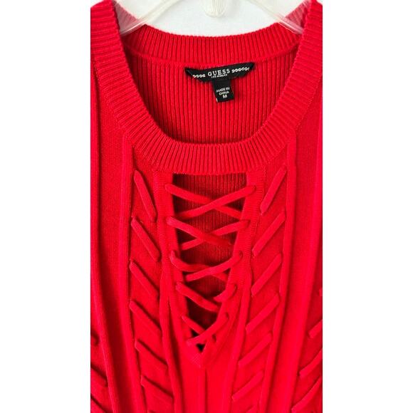 Guess Red Cold Shoulder Sweater Dress | Lace-Up Front Bodycon Knit | Size M - Picture 2 of 15